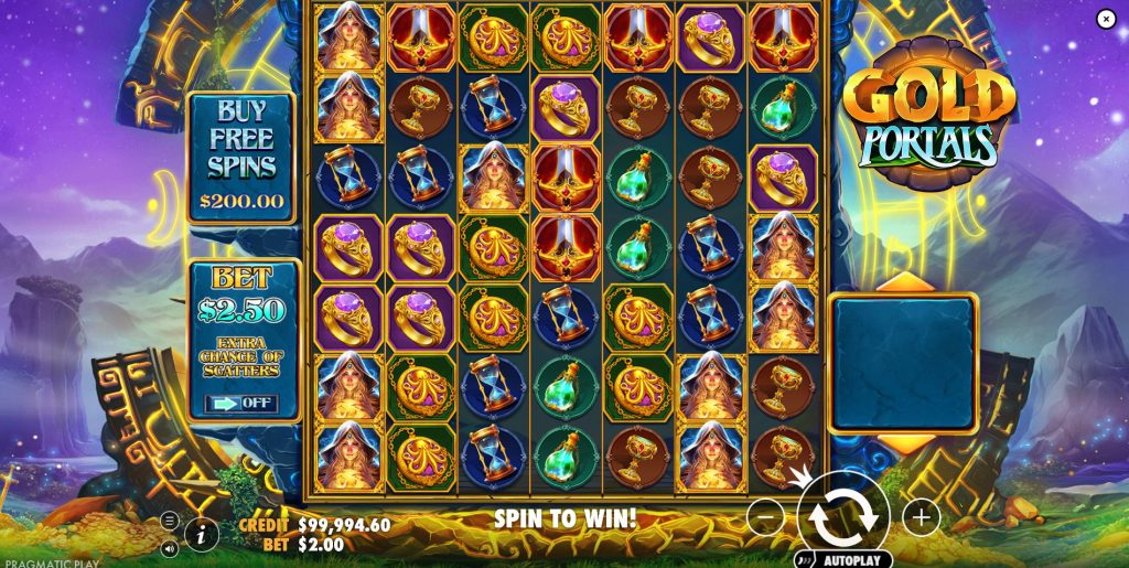 Gold Portals slot gameplay on a 7x7 grid with magic-themed symbols.