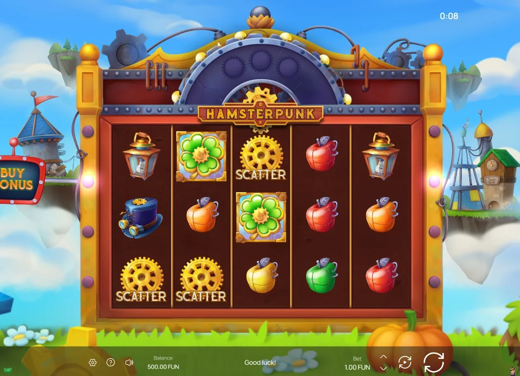 Main game grid of Hamsterpunk Multiwheel slot showing steampunk hamsters and mechanical apple symbols on floating islands for player orientation.