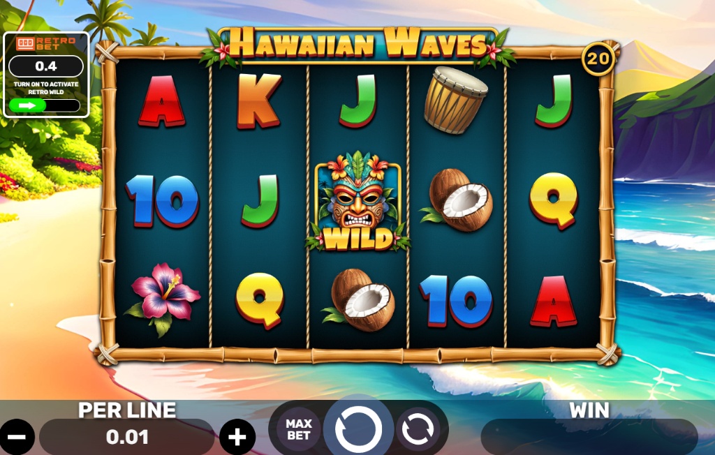 Hawaiian Waves slot base game interface showing 5x4 grid and tropical background.