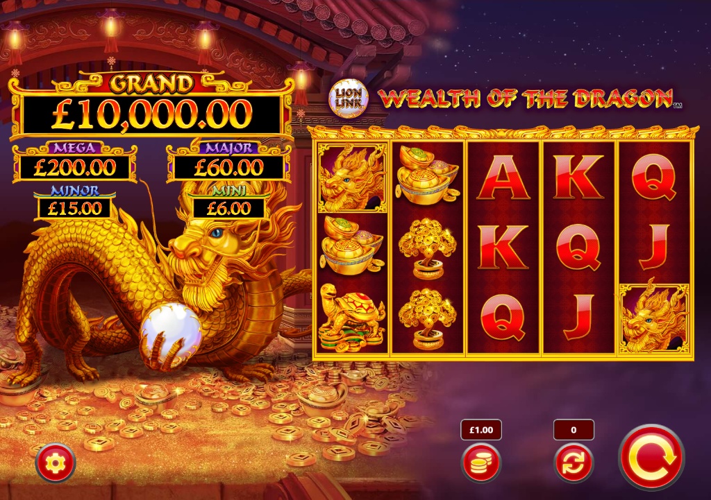 Base game reels of Lion Link Wealth of the Dragon slot by Light & Wonder showing Dragon and Money Tree symbols on a 5x4 grid.
