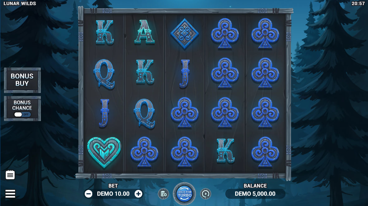 Full 5x4 grid of Lunar Wilds slot showing wolf symbols and control panel, essential for understanding the UI and layout.