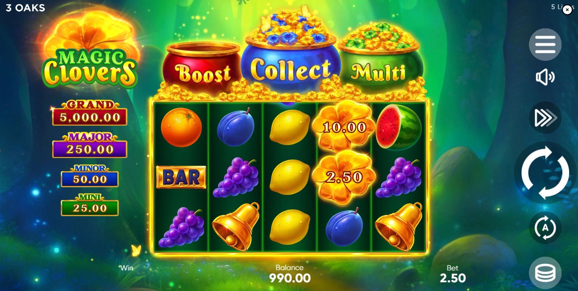 The main 5x3 reel layout of the Magic Clovers slot, showcasing classic fruit symbols under the Boost, Collect, and Multi modifier pots.