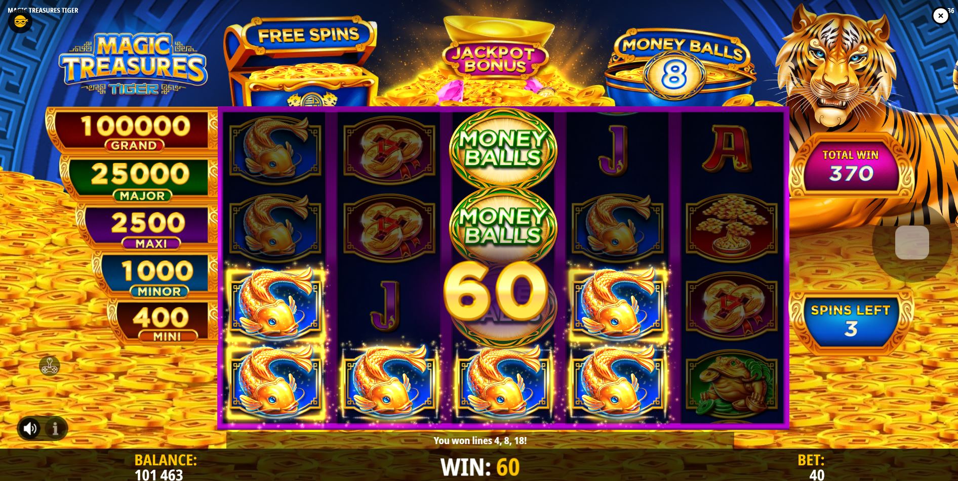 The gameplay screen during the Free Spins bonus round in Magic Treasures Tiger, showing the remaining spins count.