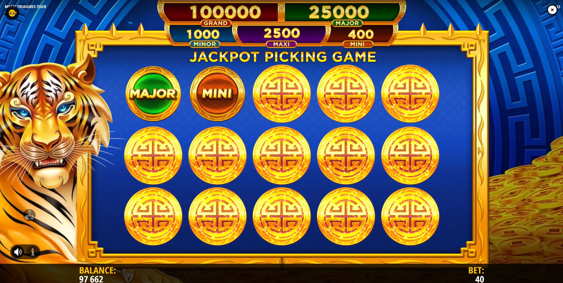 The interactive Jackpot Bonus pick 'em game screen in the Magic Treasures Tiger slot.