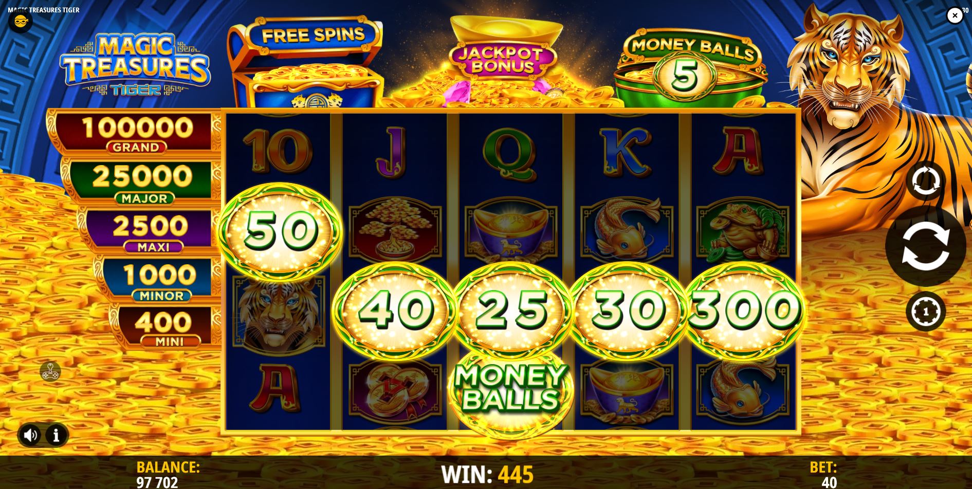 The Money Balls Bonus feature activated in the Magic Treasures Tiger slot, with cash value symbols appearing on the reels.