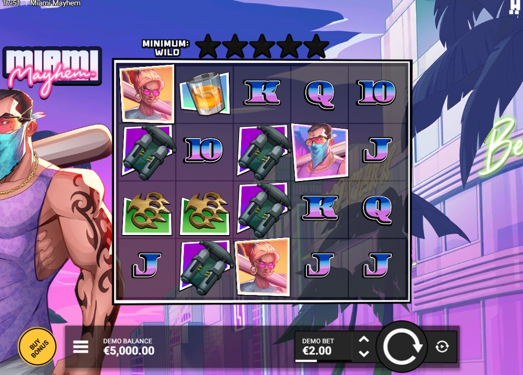 Miami Mayhem slot base game interface showing 5x4 grid and neon city background.