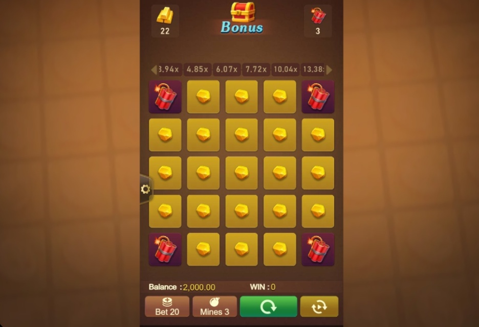 Mines Cricket base game interface showing empty 5x5 grid and bet selection tools.