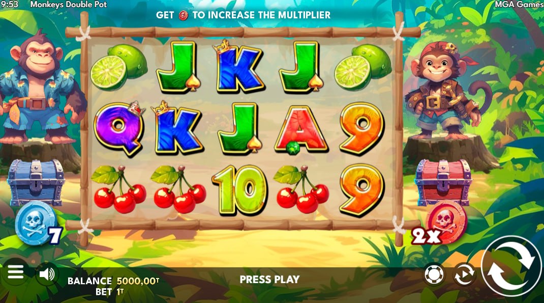 Full 5x3 reel grid of Monkeys Double Pot slot showing the blue and red monkey pirates on their treasure chests.