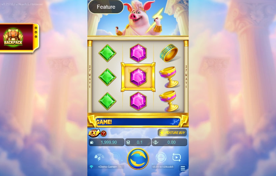 The mobile view of the Olympig slot game, showing the 3x3 reel grid with gem symbols, a 'Feature Buy' button, and the main pig character at the top.