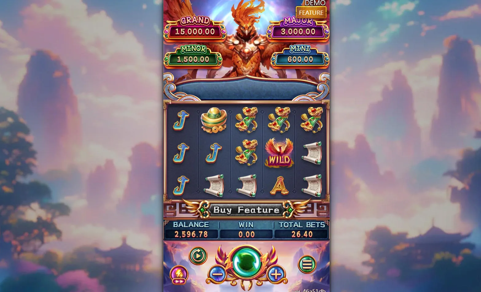 The base game screen of the Phoenix Fever slot showing the 5x3 reel layout, high-value Fenghuang-themed symbols, and the user interface for betting.