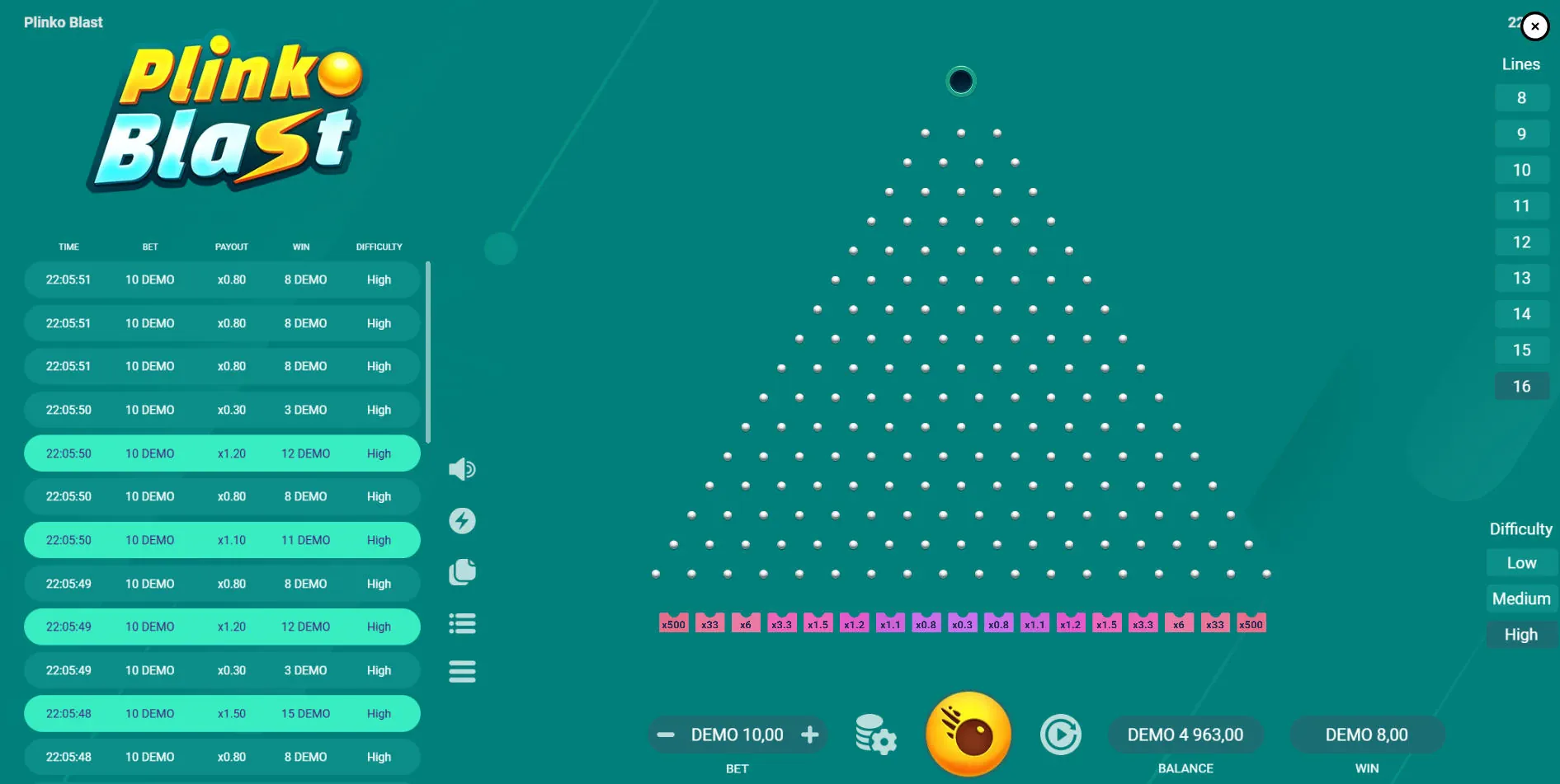 Plinko Blast 16-line board configuration on high difficulty showing the brutal 0x central pocket and massive edge multipliers.