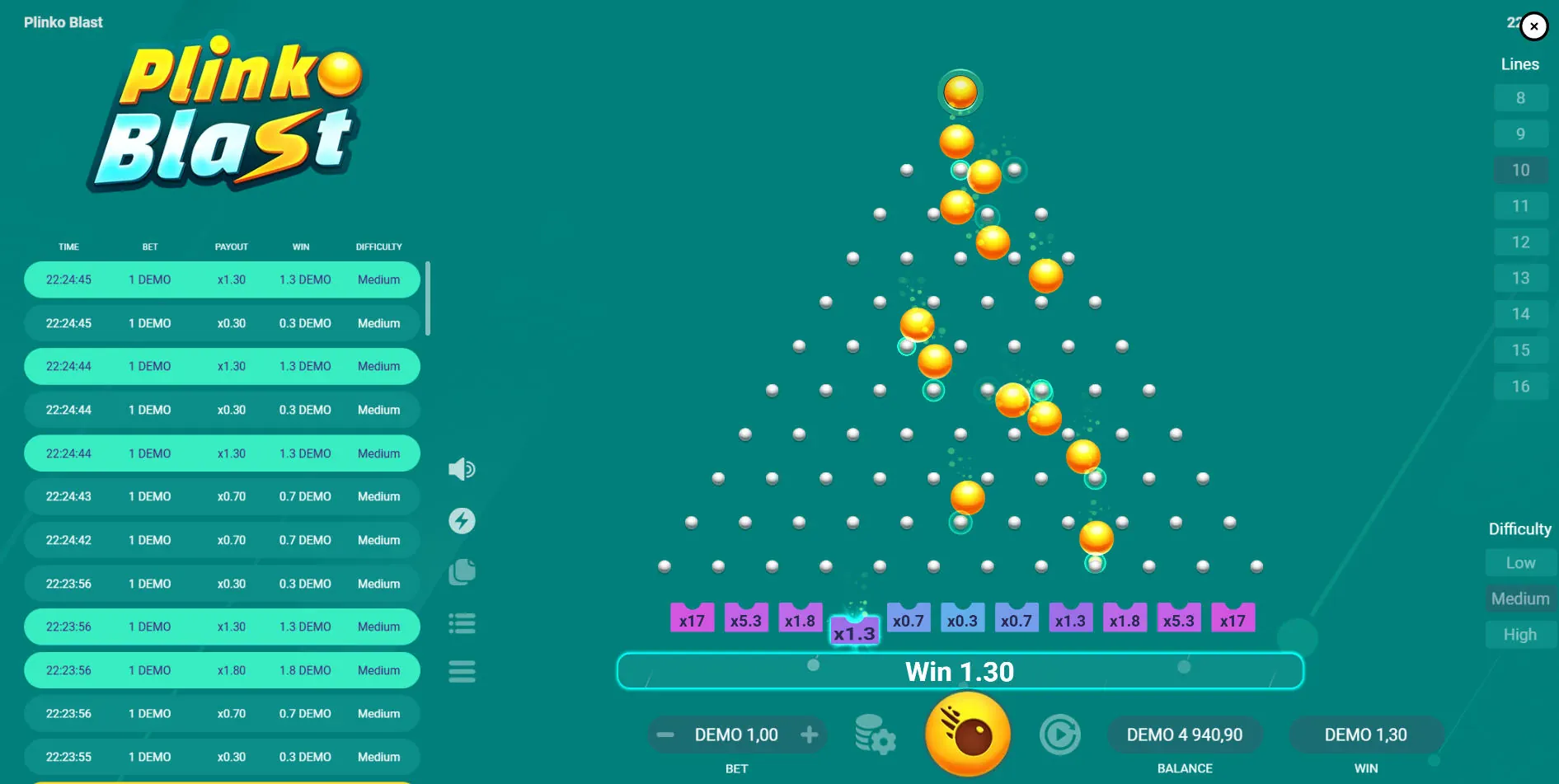 Dozens of balls dropping simultaneously through the Plinko Blast pegboard to demonstrate the Unlimited Ball Drops mechanic.