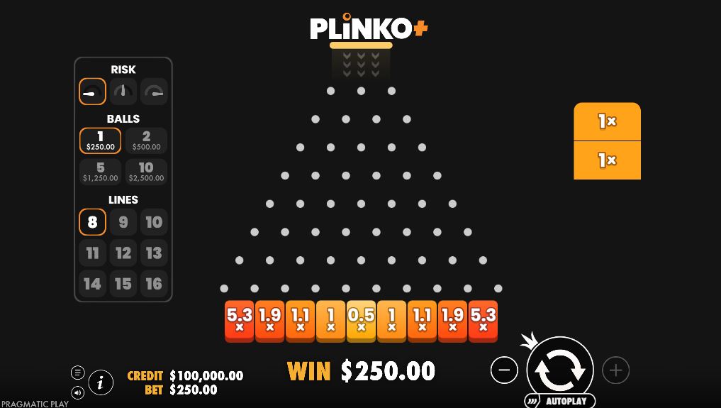 Main game screen of Plinko+ showing the 8-line pyramid and betting interface.