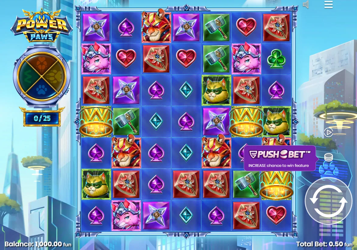 Full 7x7 grid in Power Paws slot showing feline symbols and the progression meter in a futuristic city to illustrate the cluster pays system.