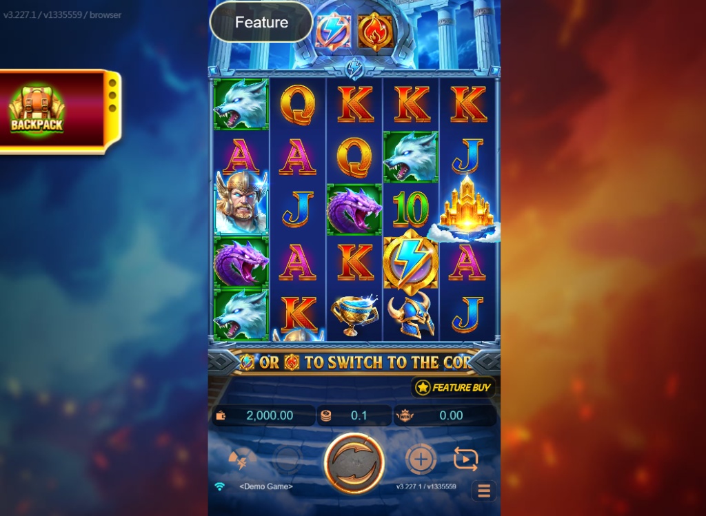 Ragnarok Thor vs Loki slot 5x4 base game grid with Thor and Wolf symbols.