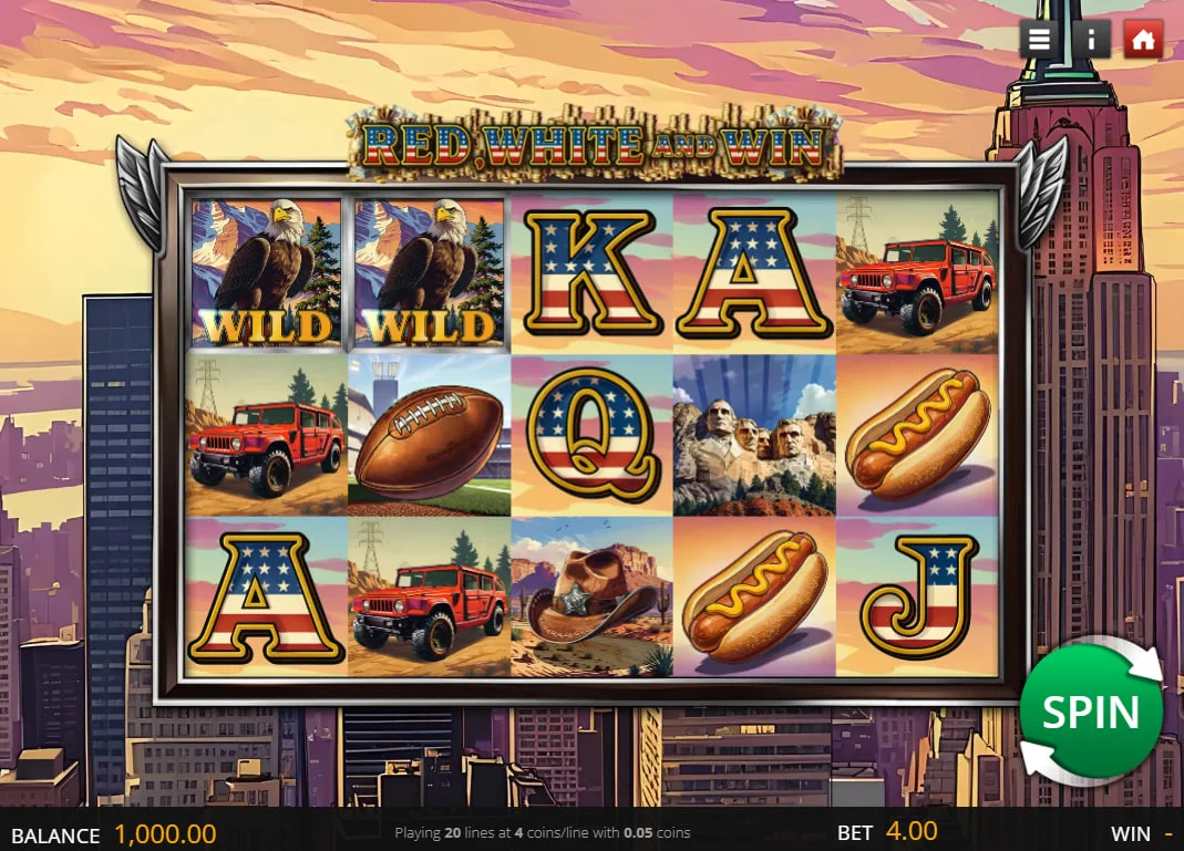 Red, White and Win slot interface showing the NYC skyline background and the 5x3 reel grid with Eagle Wilds.