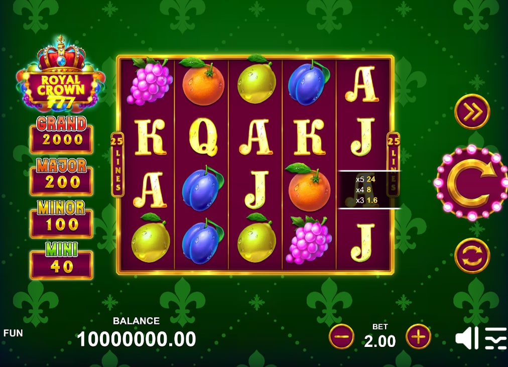 Royal Crown 777 slot base game interface showing 5x3 grid and fruit symbols on a purple background.