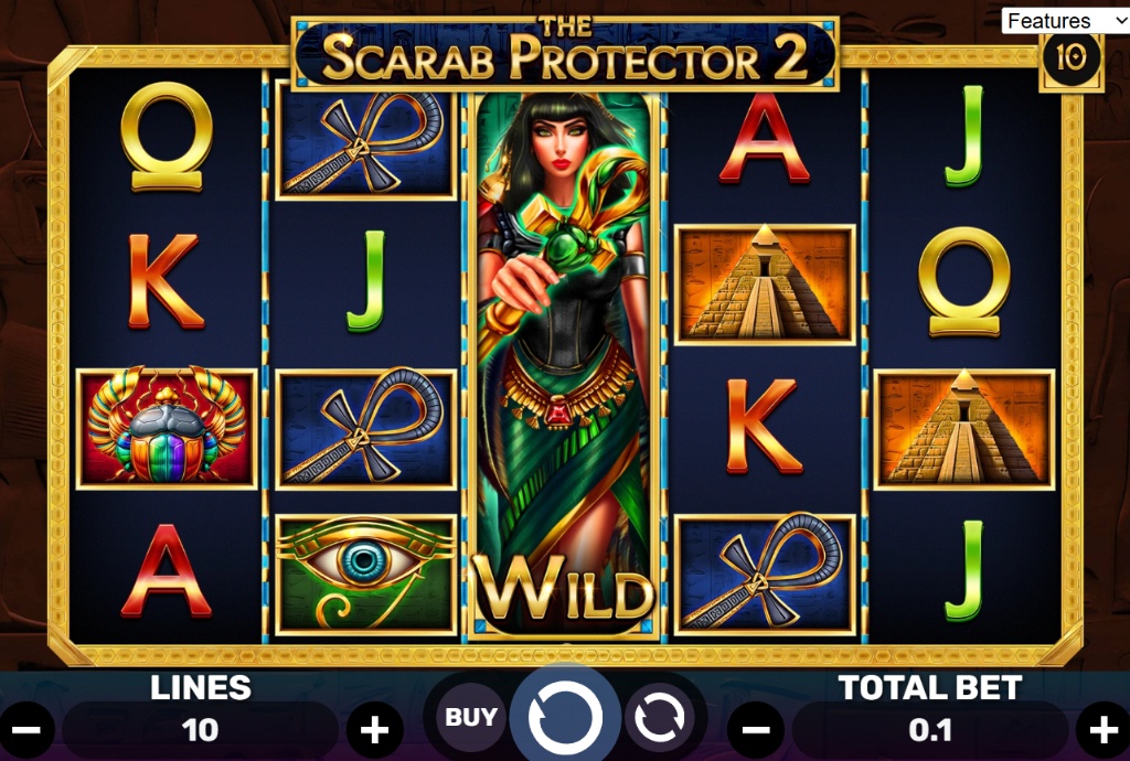 The Scarab Protector 2 slot base game interface showing 5x4 grid and Egyptian tomb background.
