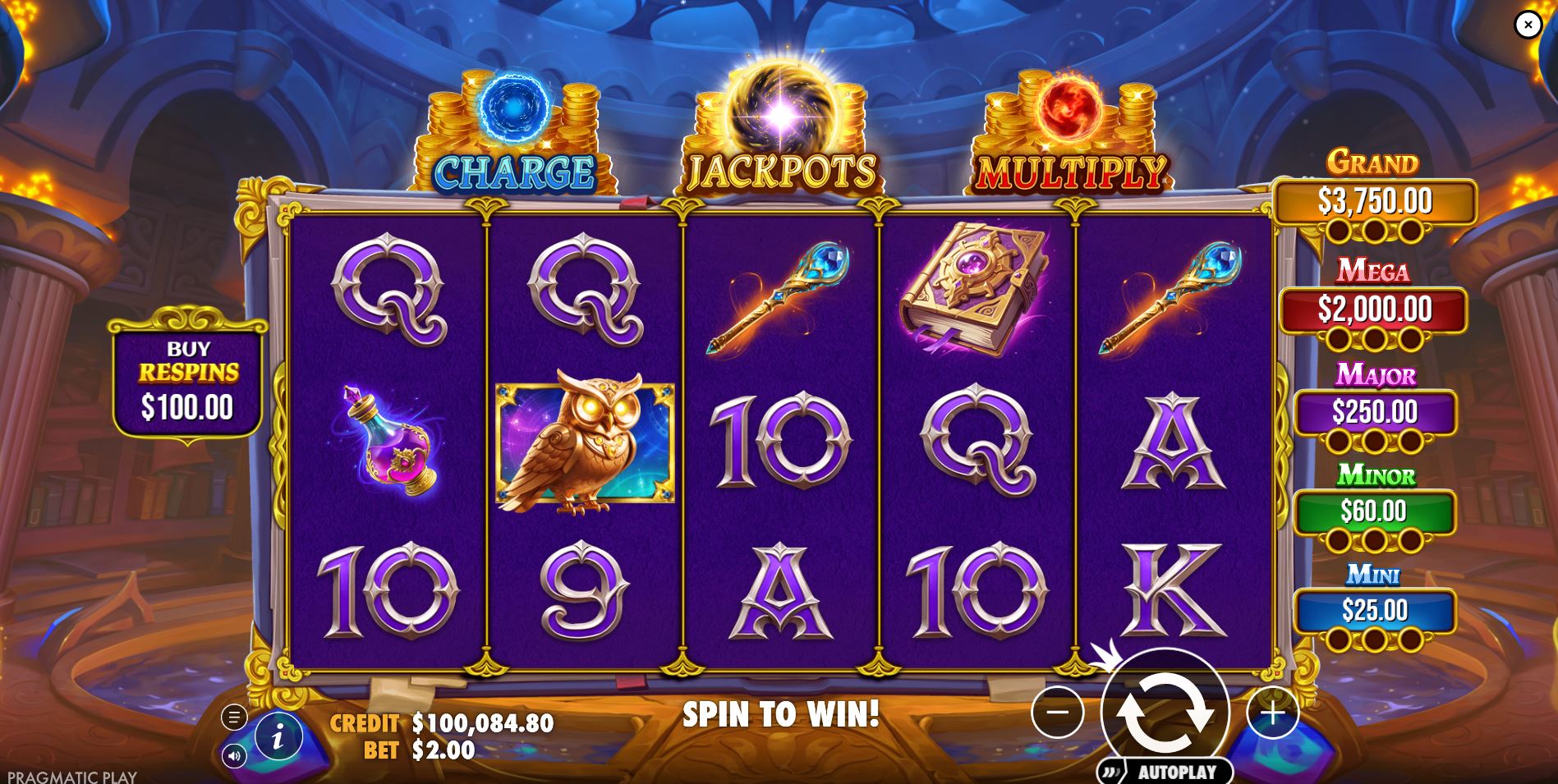 The base game screen of the Spellmaster slot, showing the 5x4 reel layout and magical symbols.