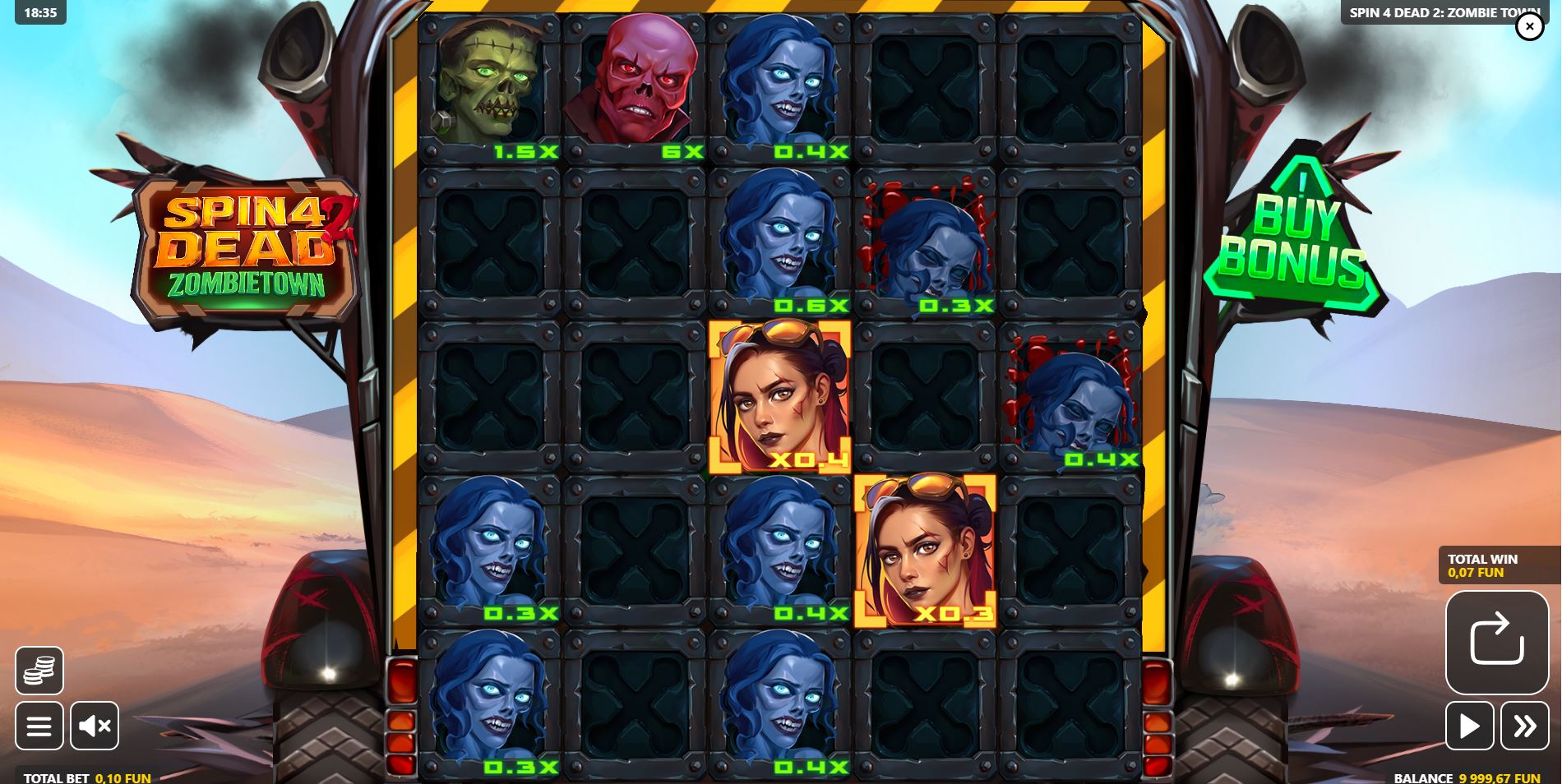 The main 5x5 game grid of Spin 4 Dead 2: Zombietown, showing a mix of zombie and hero symbols in a post-apocalyptic setting.