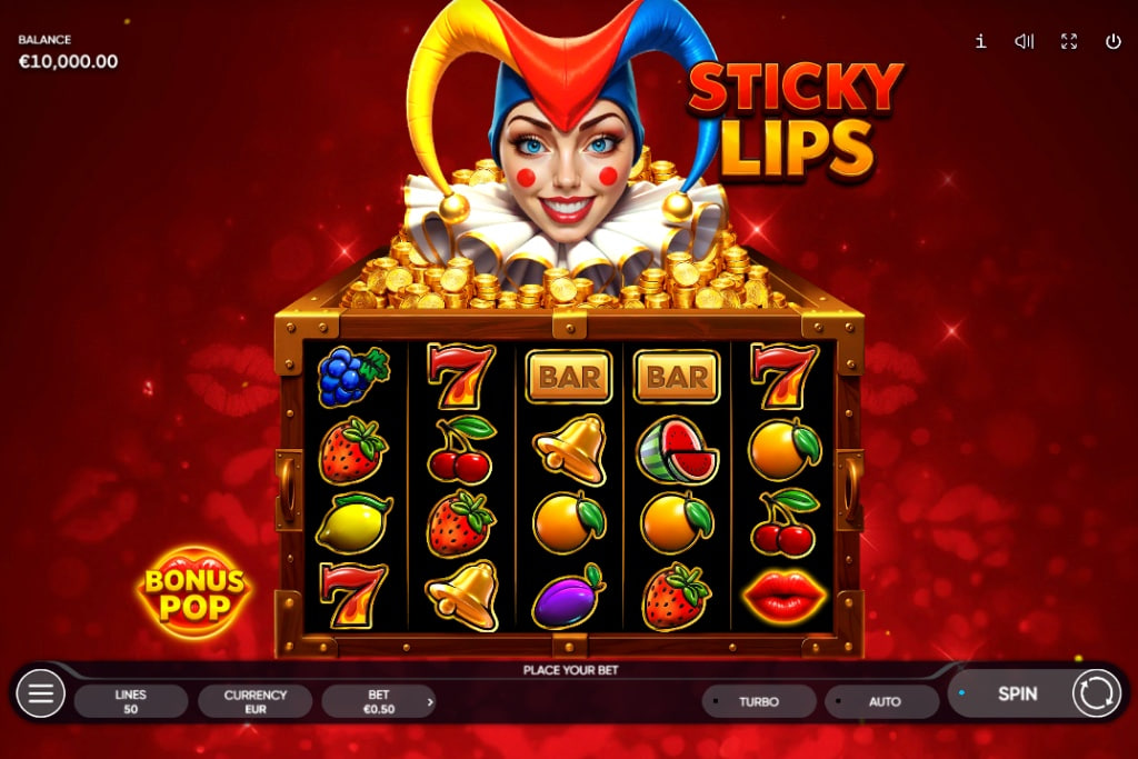 Sticky Lips slot base game featuring 5 reels and 50 paylines with fruit symbols.