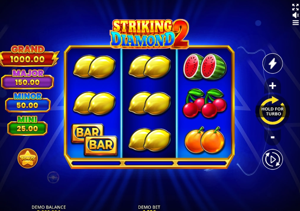Striking Diamond 2 slot base game 3x3 grid with lemon and cherry symbols.