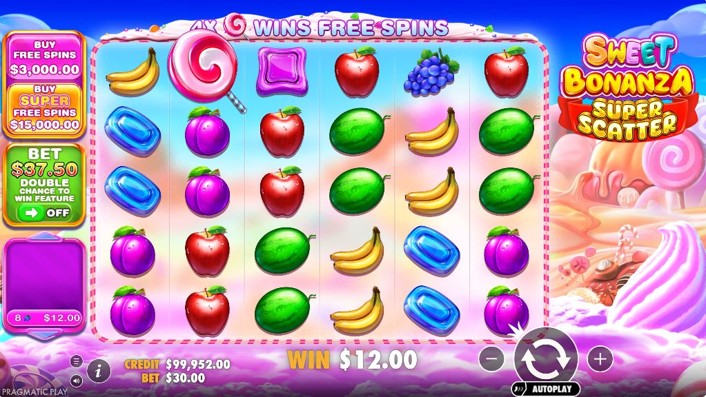 Sweet Bonanza Super Scatter slot base game grid with fruit and candy symbols.