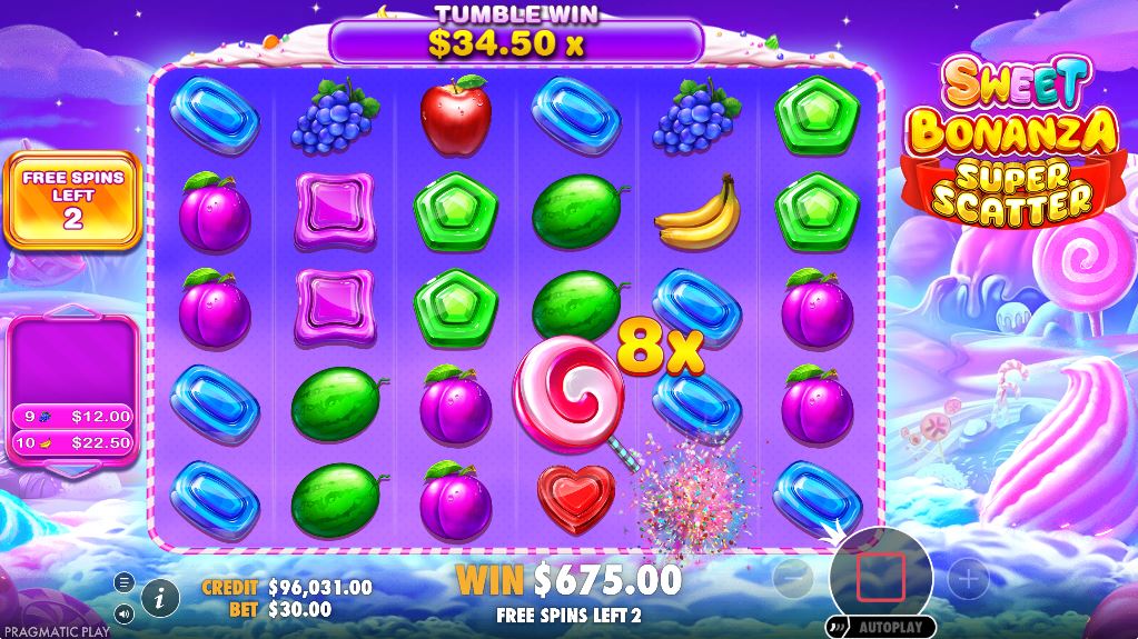 Multiplier symbols on the grid during the Sweet Bonanza Super Scatter free spins round.