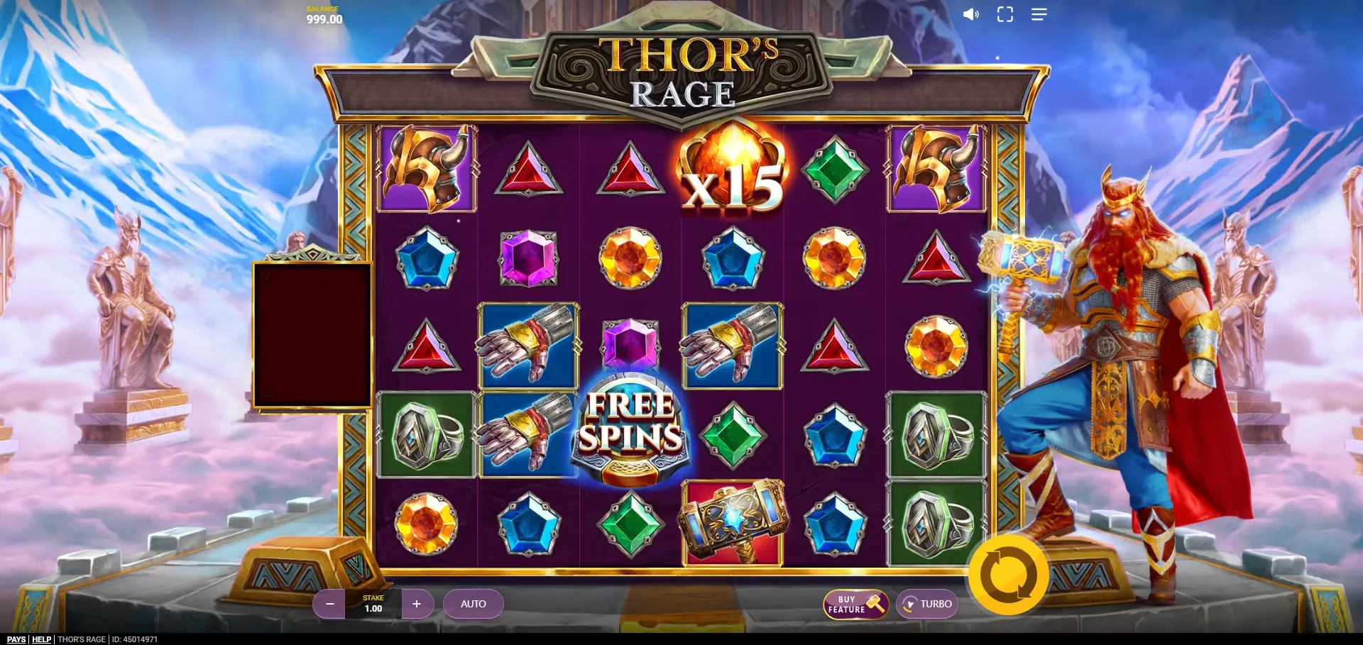 The 6x5 main game grid of Thor's Rage slot, showing the Norse god Thor next to the reels, illustrating the starting layout for players.