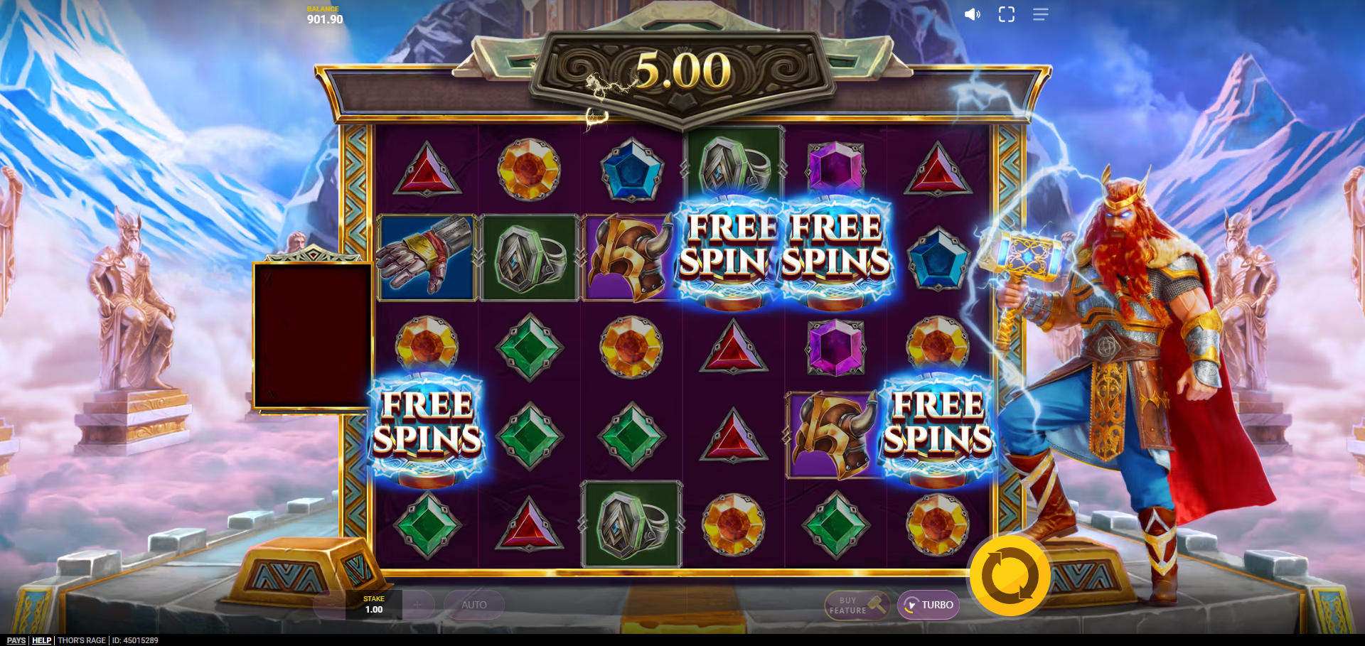 The Free Spins bonus round being triggered by four Scatter symbols in Thor's Rage, promising access to the game's biggest potential payouts.