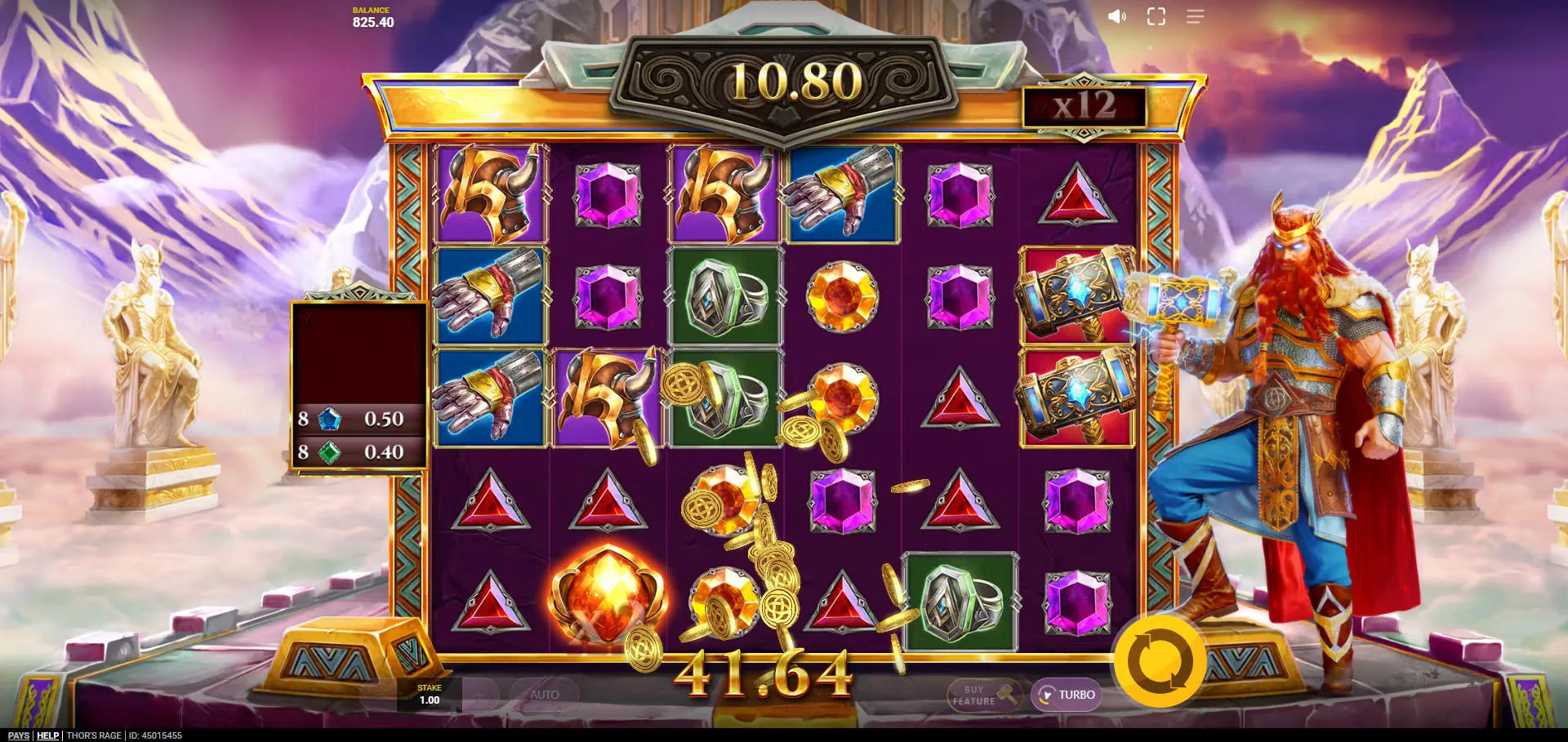 A large win during the Thor's Rage Free Spins, showcasing the high persistent total multiplier applied to the payout, illustrating the feature's potential.