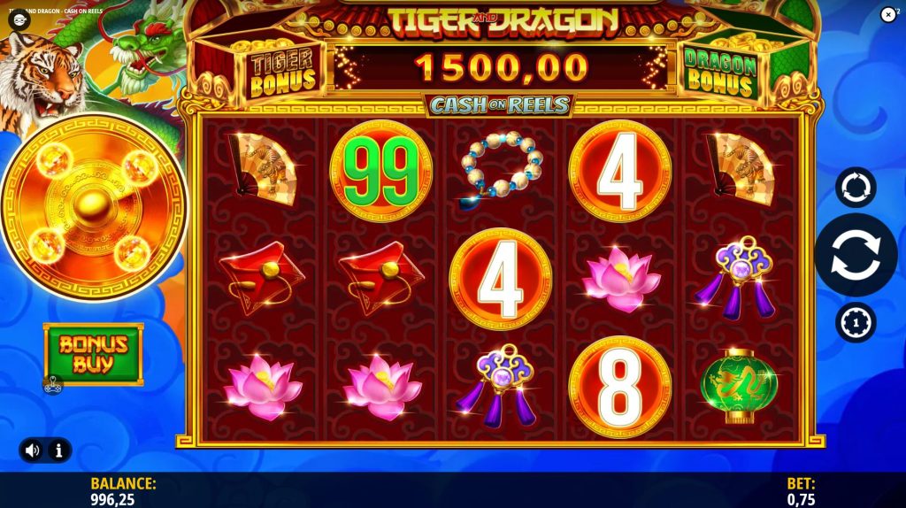Gameplay of Tiger and Dragon showing the Cash on Reels feature with connected Gong symbols forming a prize.