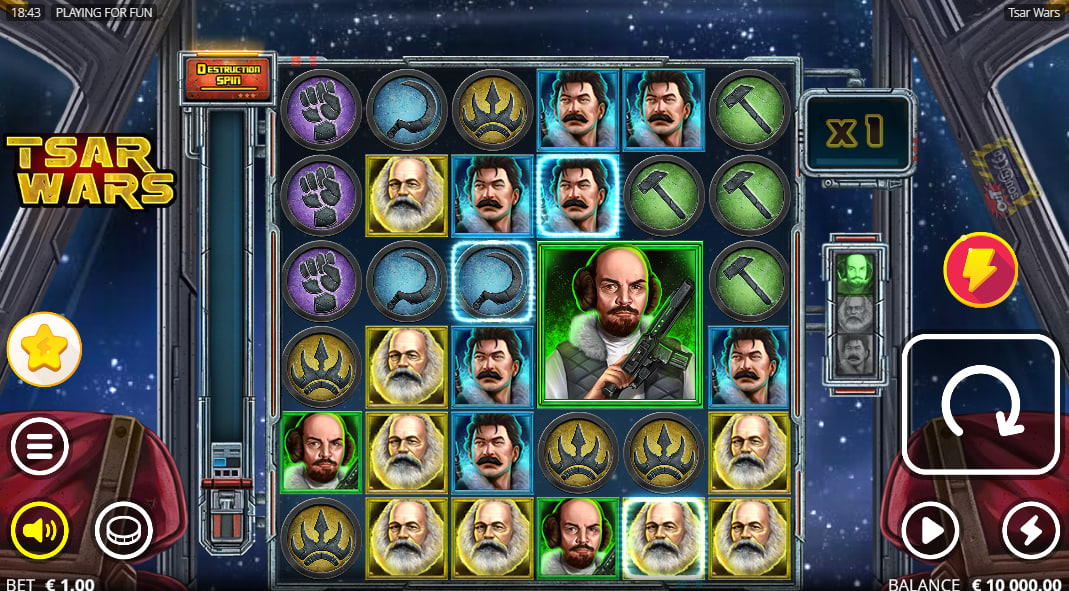 The 6x6 game grid of the Tsar Wars slot during base gameplay, showing the various Tsar-themed symbols and the Nolimit City user interface, which is key for players to see the starting layout.