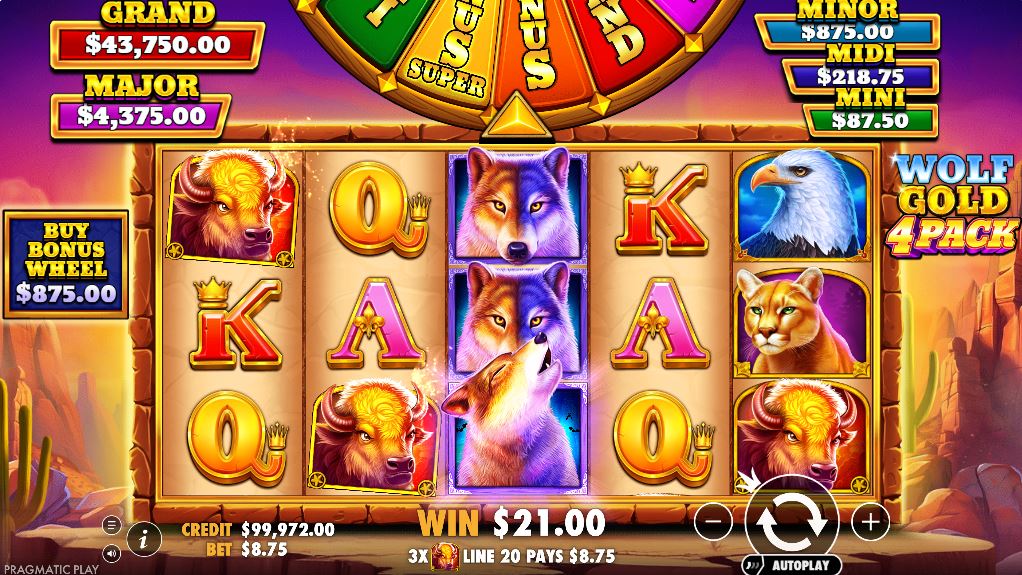 Wolf Gold 4 Pack slot base game view with a winning combination on its 25 paylines.