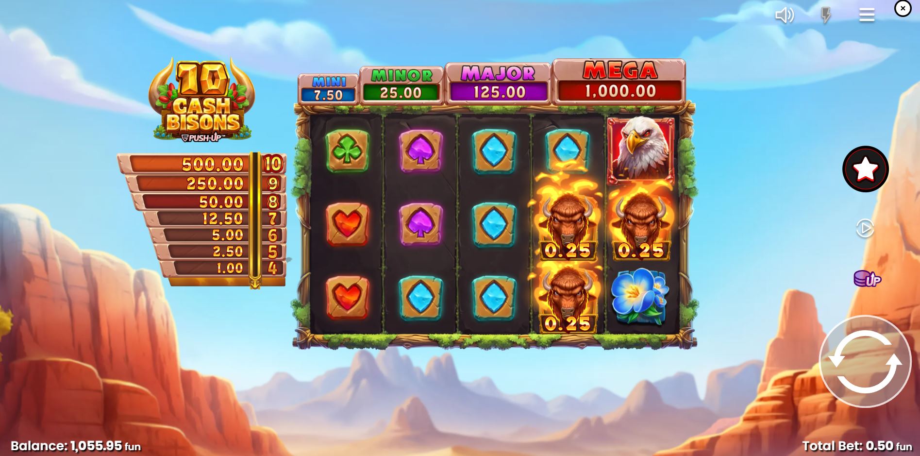 The base game grid of the 10 Cash Bisons slot, showing the 5x3 reel layout and wildlife symbols.