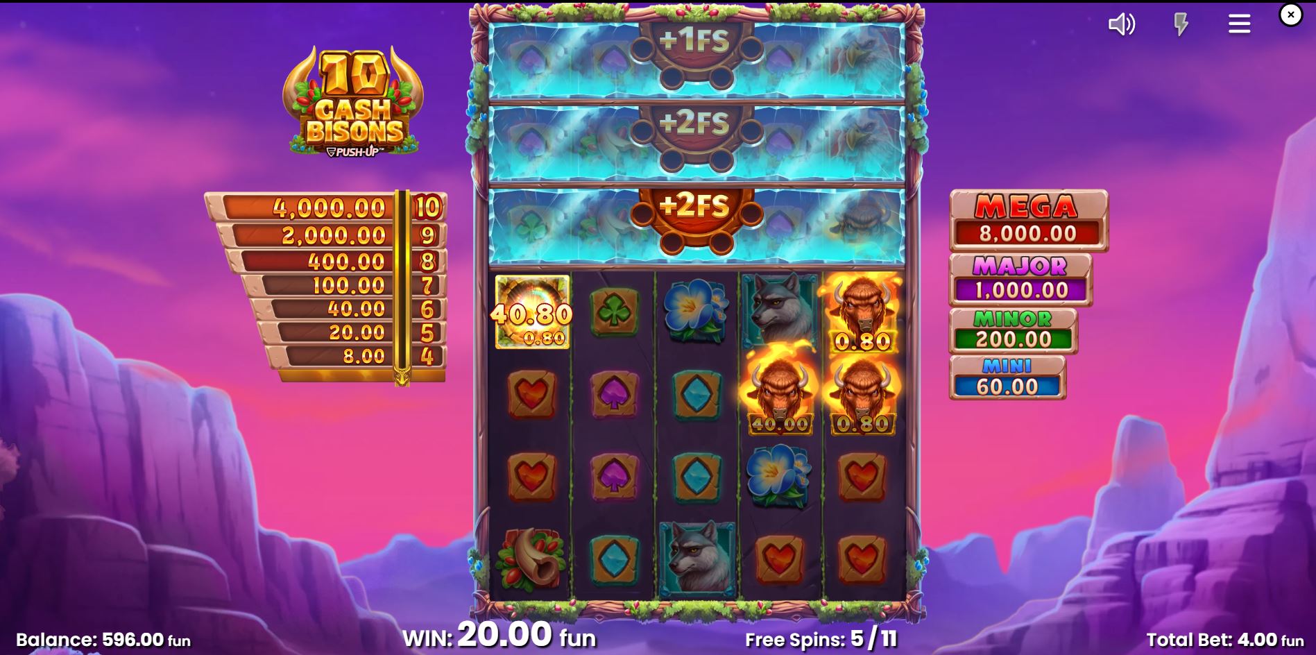 The expanded 5x5 grid during the 10 Cash Bisons free spins round after unlocking new rows.