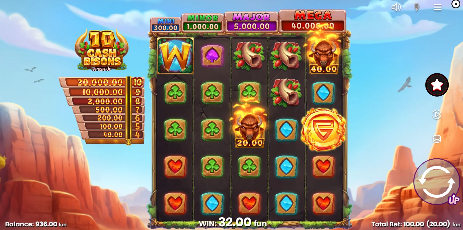 The 10 Cash Bisons slot with the 5x5 Push-Up feature activated, showing an expanded grid.