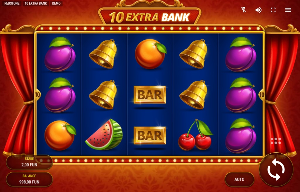 The 5x3 game grid of the 10 Extra Bank classic slot, featuring traditional fruit, bell, and BAR symbols set on a stage with red curtains.