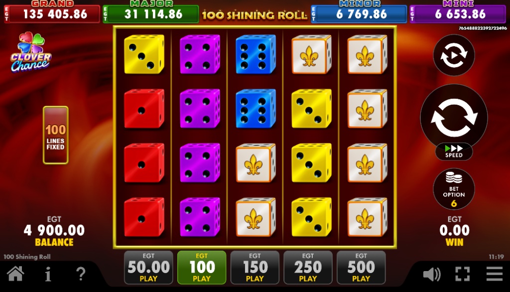 The 5x4 game grid of the 100 Shining Roll slot, which features colorful dice symbols on 100 fixed paylines and is connected to the Clover Chance jackpot system.