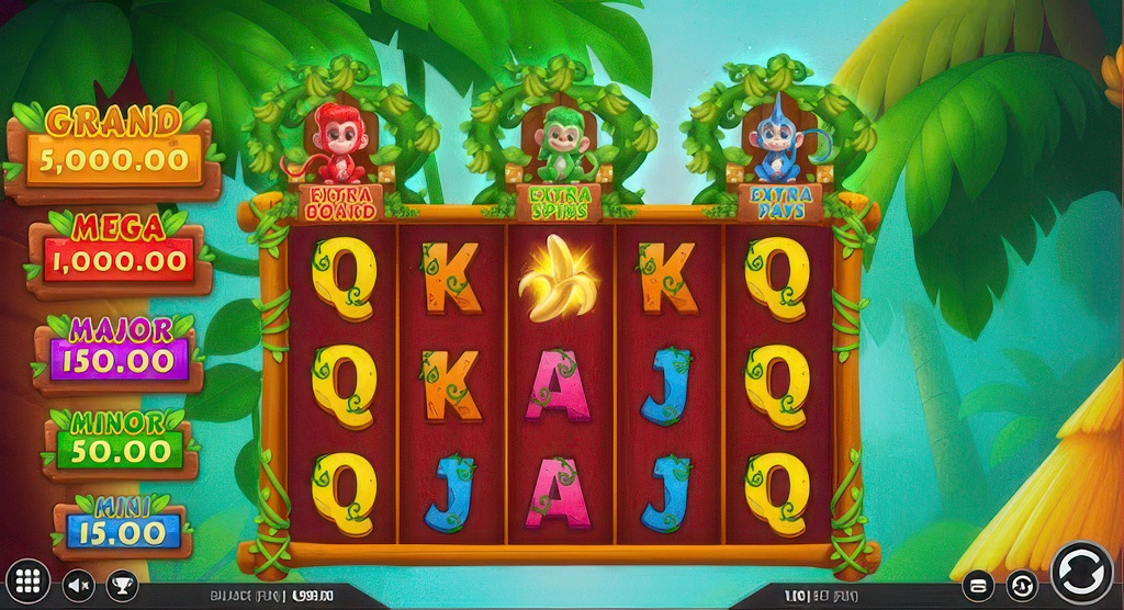 The main game screen of the 3 Cheeky Chimps slot, featuring a 5x3 grid, a five-level jackpot display, and three monkey feature modifiers.