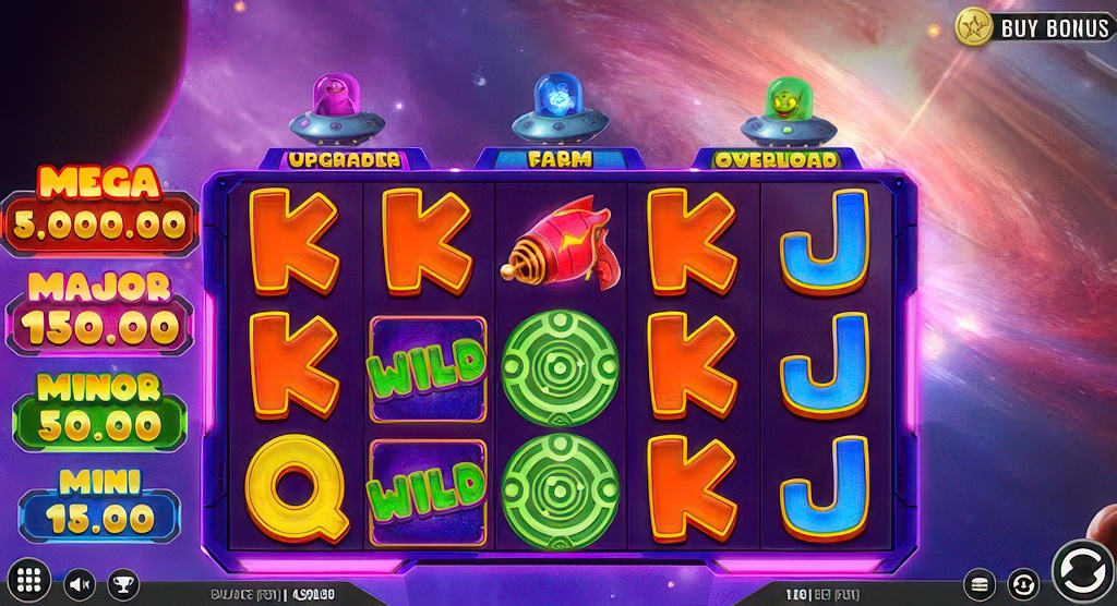 The main 5x3 game grid of the 3 Wild Aliens slot, showing its four jackpot levels and three UFO feature modifiers above the reels.