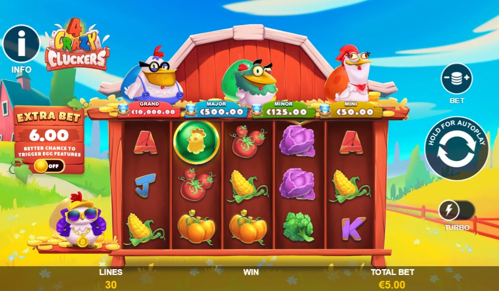 The main 5x3 game screen of the 4 Crazy Cluckers slot, showcasing its farm theme, vegetable symbols, and four chicken-themed jackpots.