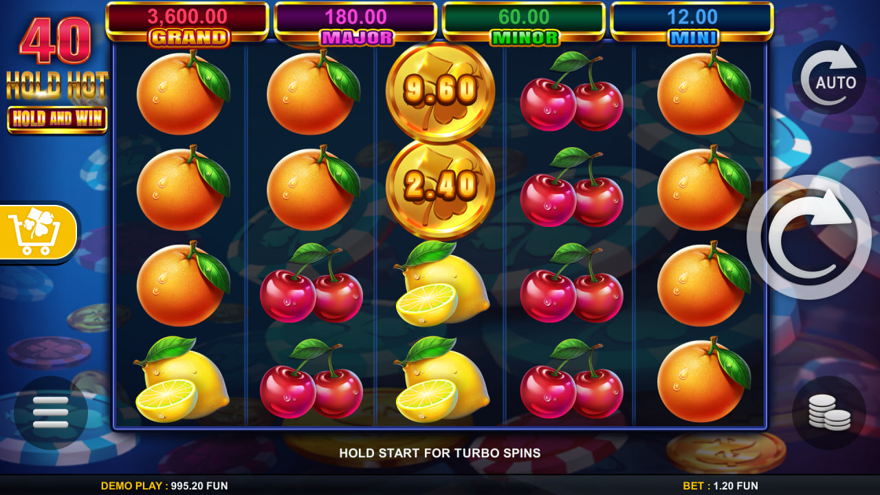 A screenshot of the 40 Hold Hot Hold And Win slot, featuring the activation of the Hold and Win bonus round with golden coin money symbols on the reels.