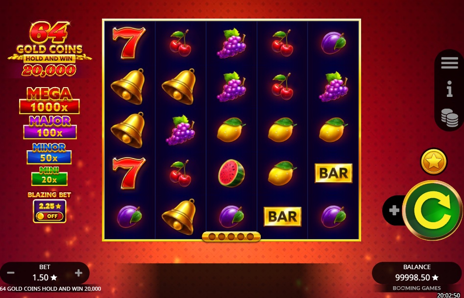 The 5x4 game screen of the 64 Gold Coins Hold and Win slot from Booming Games, featuring a classic fruit theme and a list of four jackpots on the left side.
