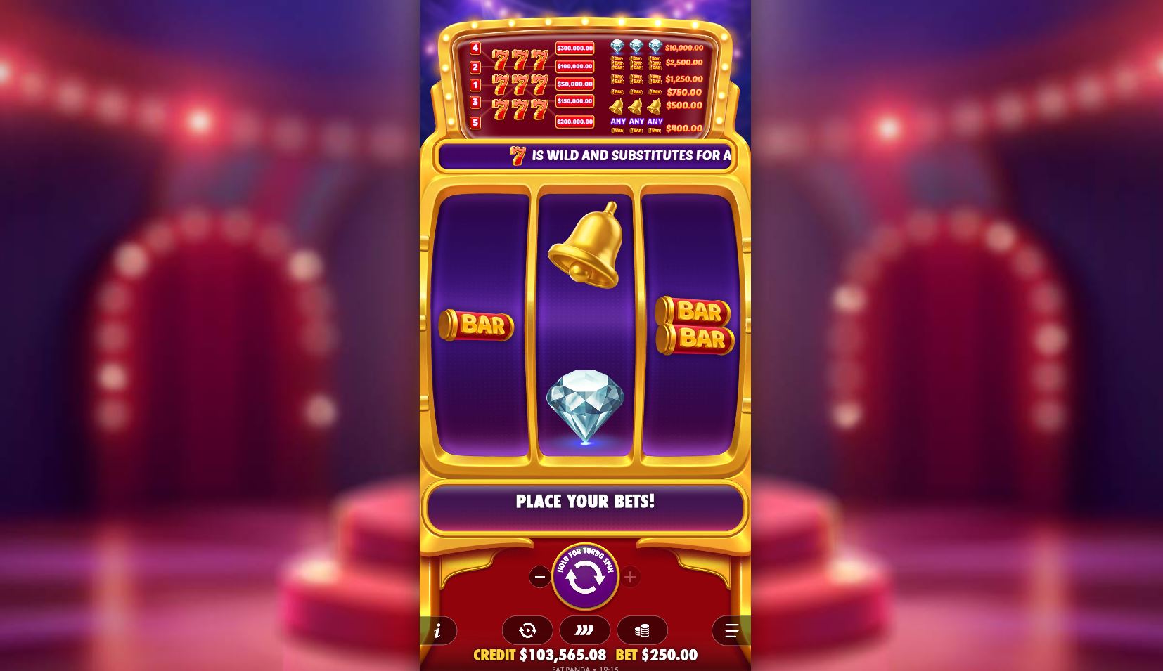 The 3x3 reel layout of the 777 Rush classic slot from Pragmatic Play.