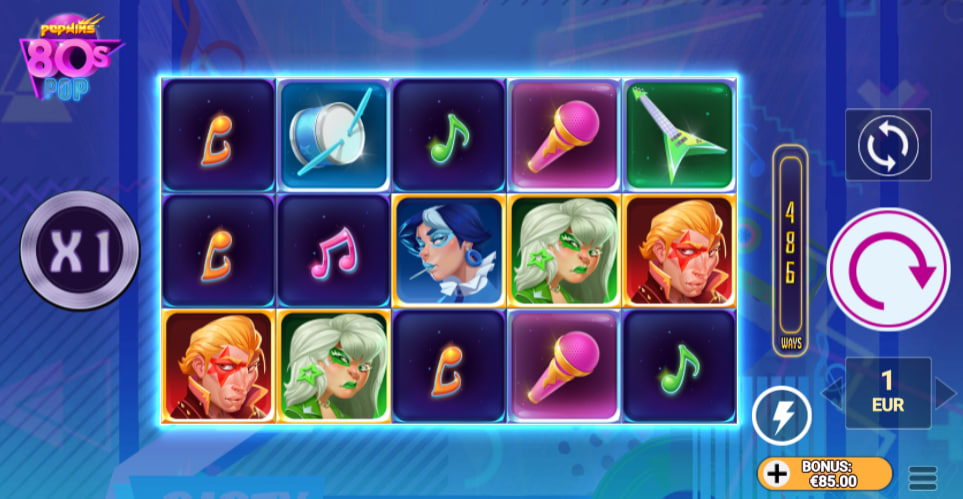 The starting 5x3 grid of 80sPop slot in base game showing the default neon musical symbols to help players understand the base layout.