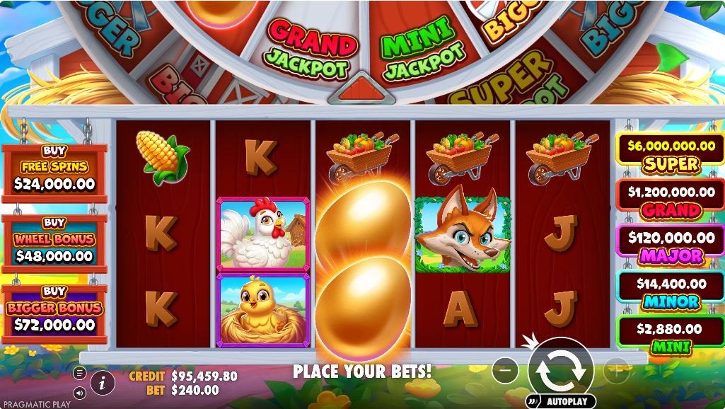 The 5x3 reel layout of the Bigger Barn House Bonanza slot, showing cartoon farm animal symbols and the main user interface.