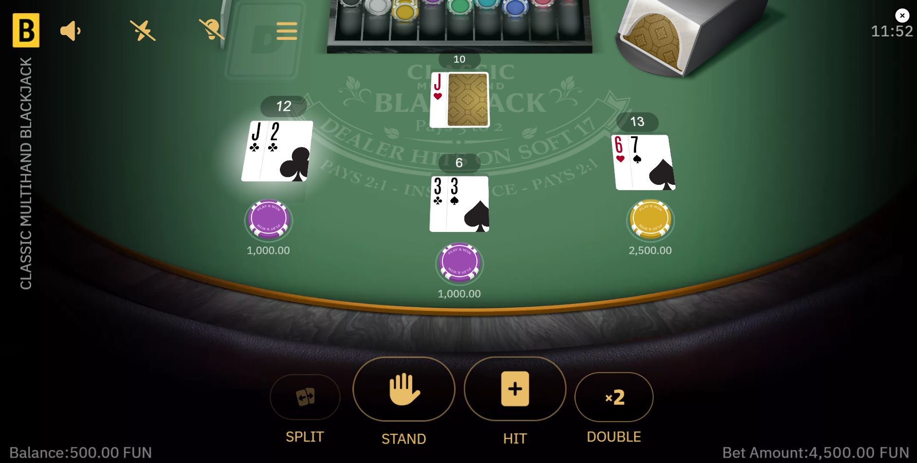 A view of three hands dealt to the player against the dealer's up-card in the BGaming blackjack game.