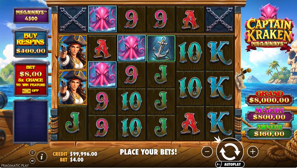 Captain Kraken Megaways slot base game screen with the pirate theme.