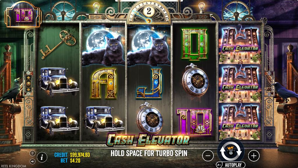 Cash Elevator slot base gameplay showing the 5x3 reel layout and gothic hotel theme.